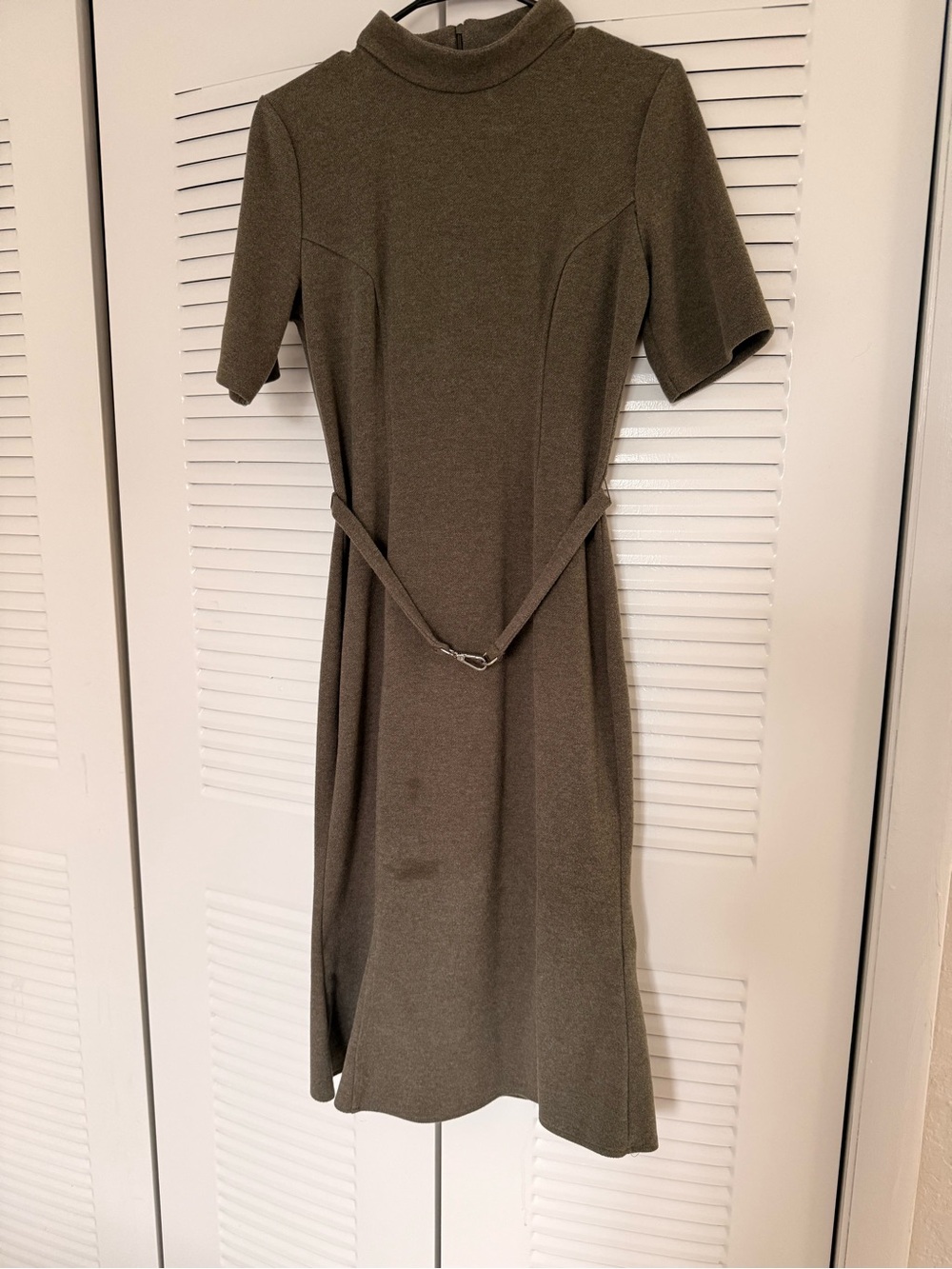Olive Green Short Sleeve A-Line Dress with Belt